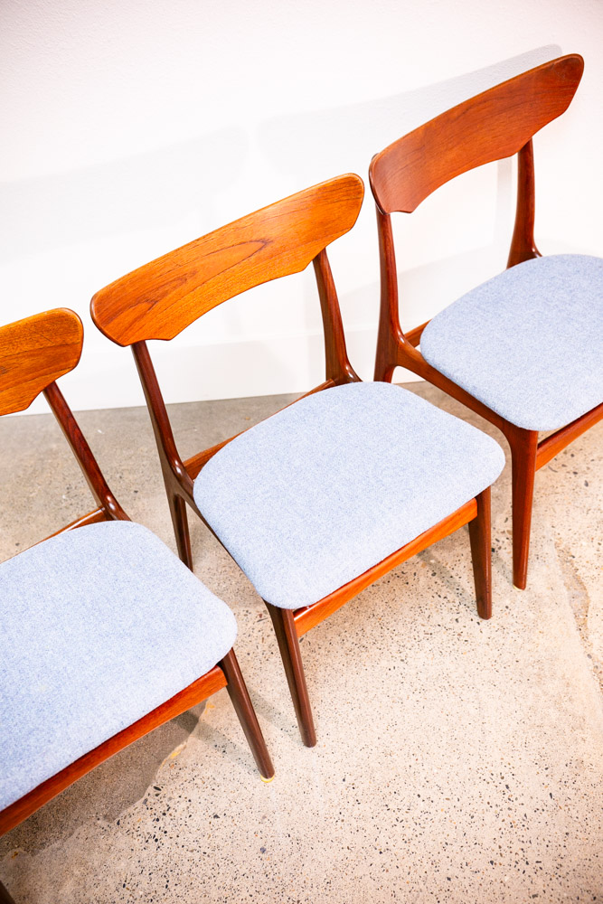Mid Century Danish Modern Dining Chairs 6 Solid Teak Denmark Blue Tweed Fabric - Image 11
