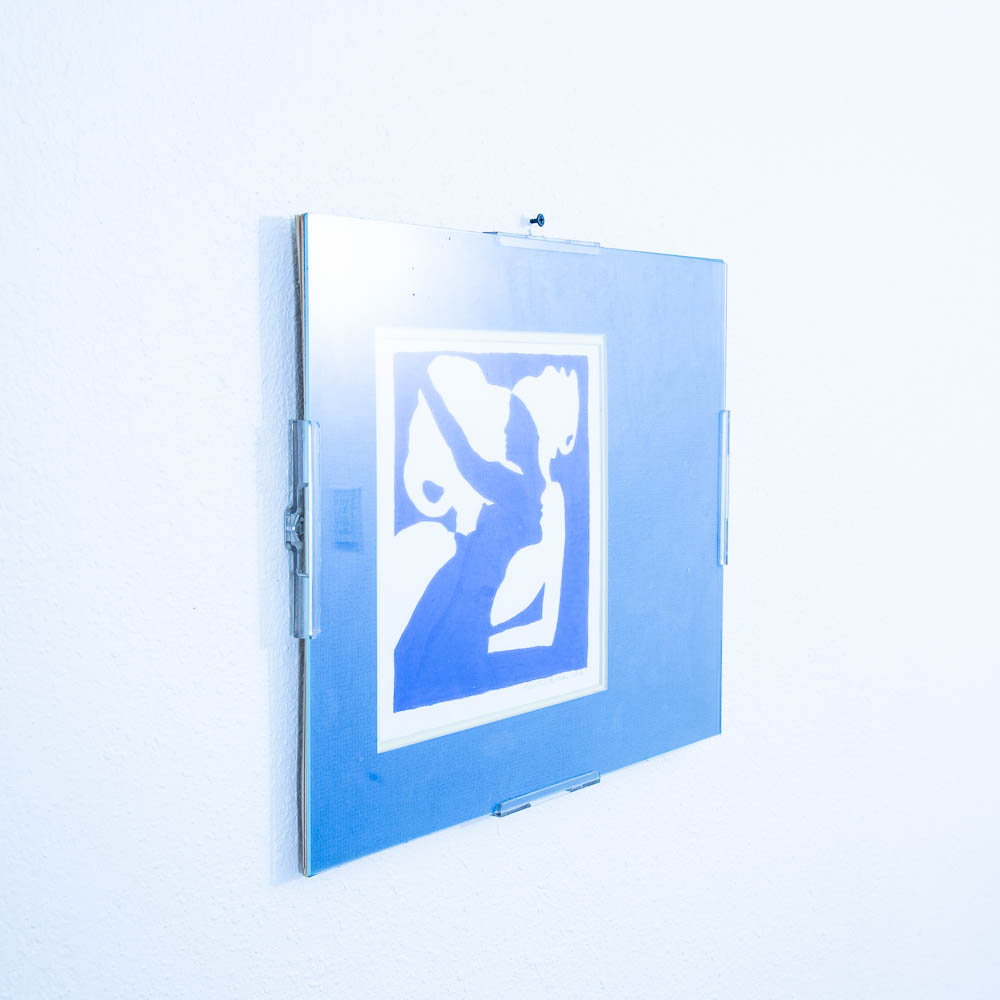 Mid Century Modern Framed Escher Style Negative Space Art Print Blue White 1978 - Image 8