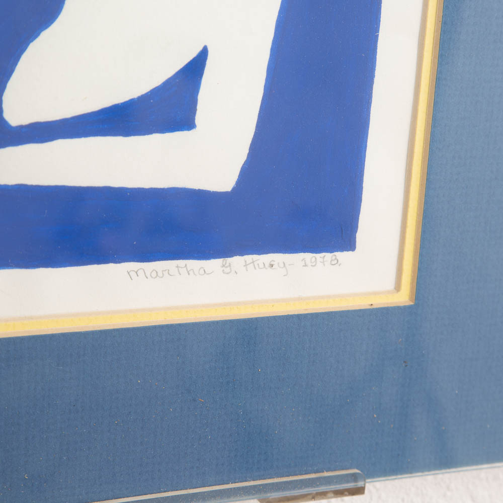 Mid Century Modern Framed Escher Style Negative Space Art Print Blue White 1978 - Image 2