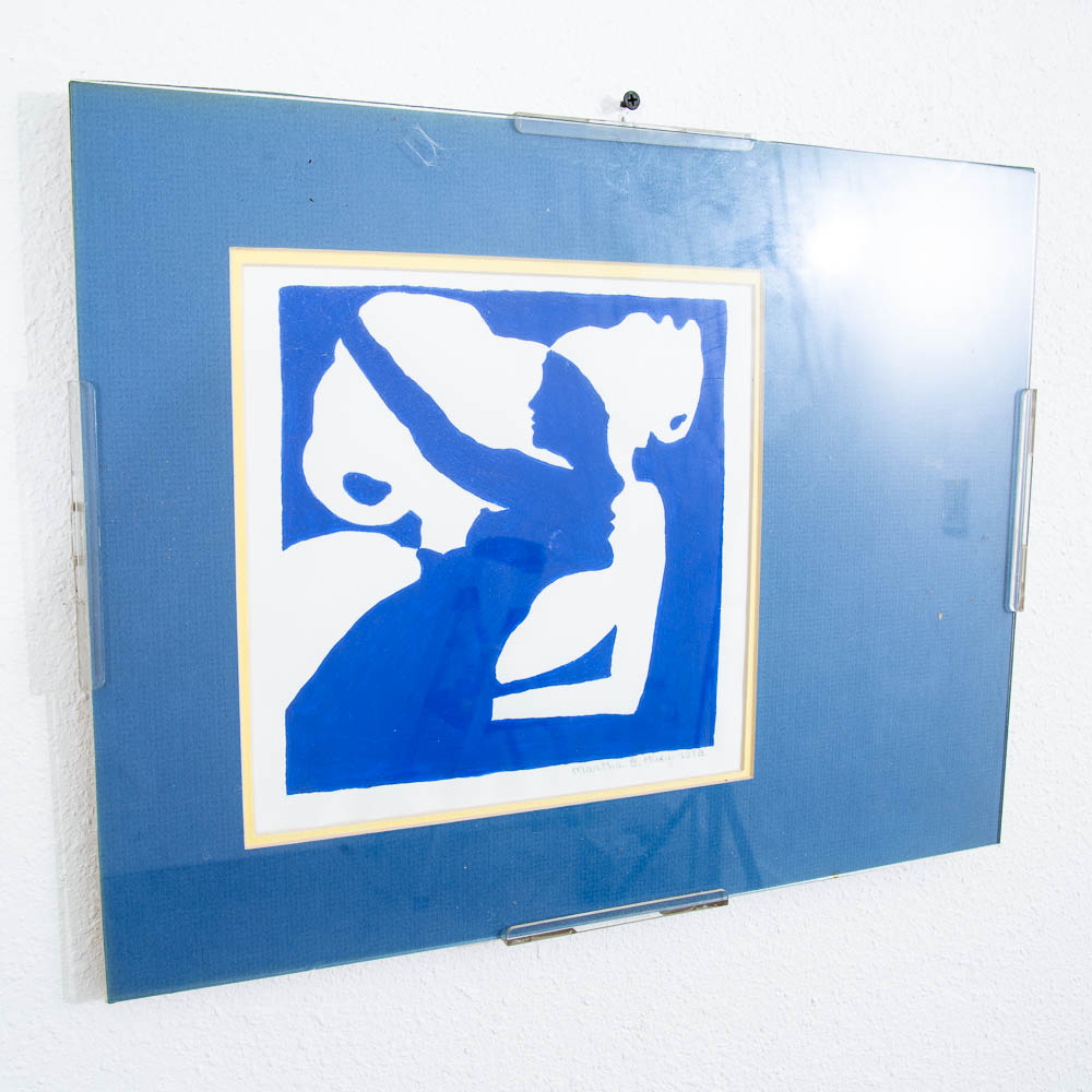 Mid Century Modern Framed Escher Style Negative Space Art Print Blue White 1978 - Image 7