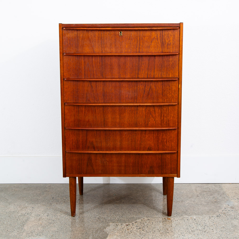 Mid Century Danish Modern Dresser Highboy 6 Drawer Teak Denmark Locking Compact - Image 2