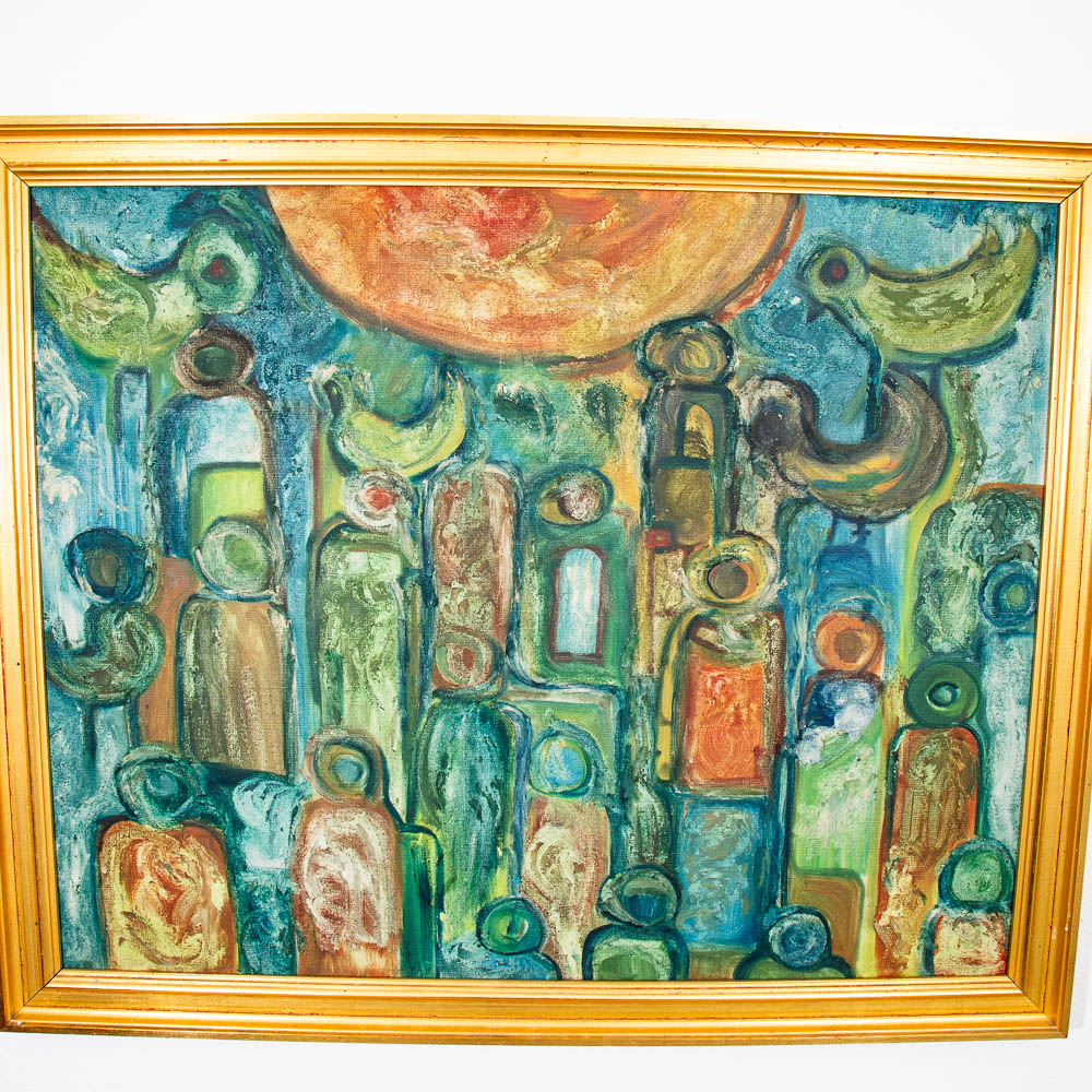 Mid Century Modern Original Painting Abstract Figures Blue Orange Oil 43x35 Mcm - Image 10