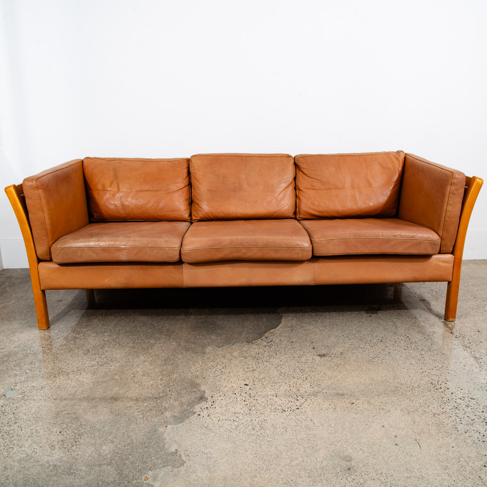Mid Century Danish Modern Sofa Couch 3 Seater Stouby Leather Tan Denmark 80 in - Image 2