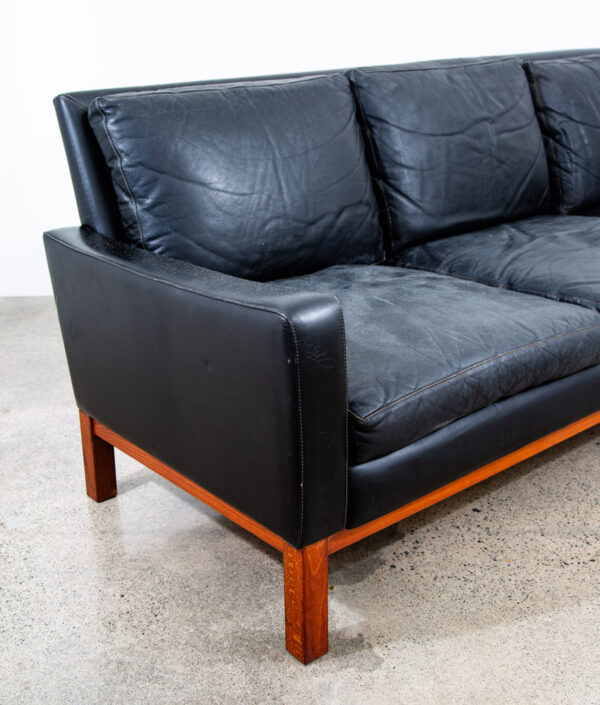 Mid Century Danish Modern Sofa Couch 3 Seater Leather Black Wood Denmark 74 in - Image 8