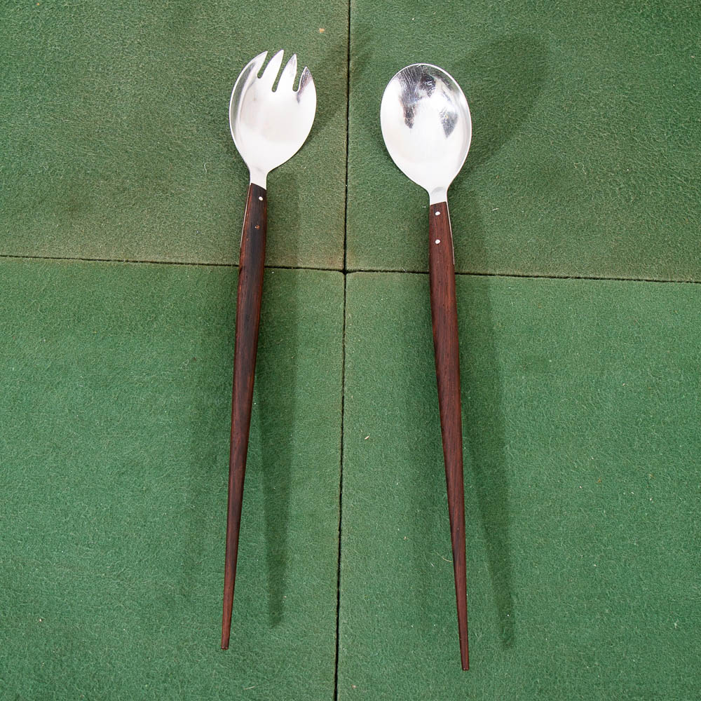 Mid Century Danish Modern Serving Utensils Pair Rosewood Steel Spoon Fork Two NM - Image 5
