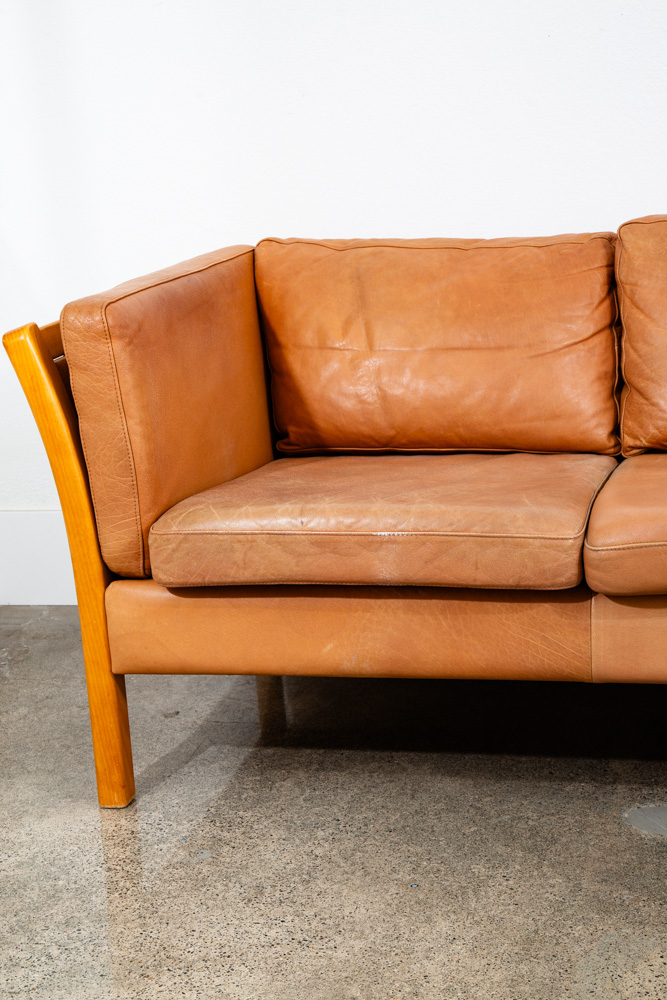 Mid Century Danish Modern Sofa Couch 3 Seater Stouby Leather Tan Denmark 80 in - Image 6