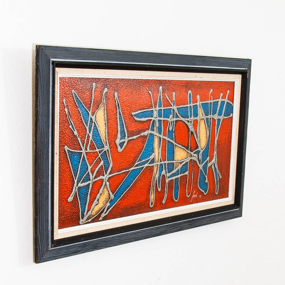 Mid Century Modern Danish Original Abstracted Oil Painting Red Blue Mixed Framed - Image 2