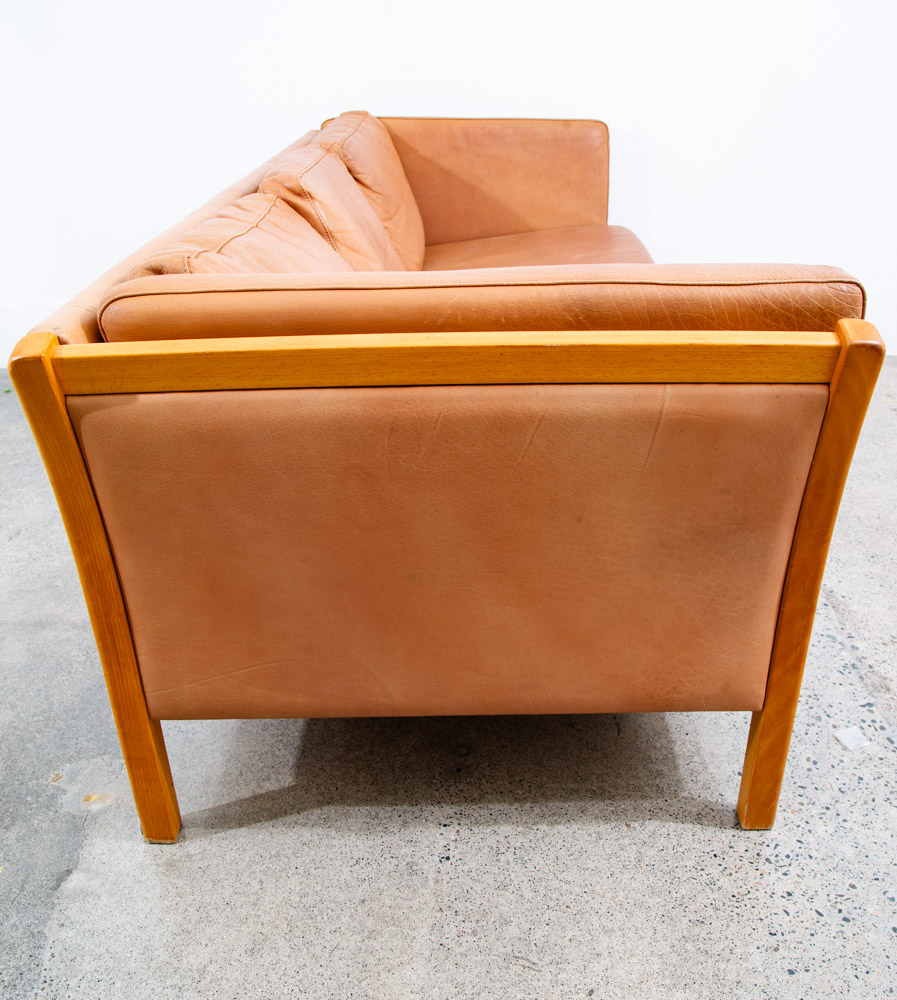 Mid Century Danish Modern Sofa Couch 3 Seater Stouby Leather Tan Denmark 80 in - Image 5
