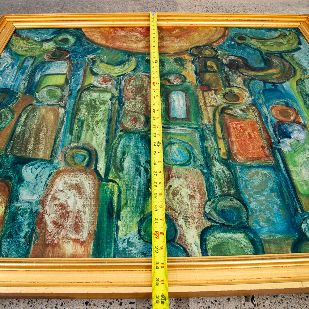 Mid Century Modern Original Painting Abstract Figures Blue Orange Oil 43x35 Mcm - Image 12