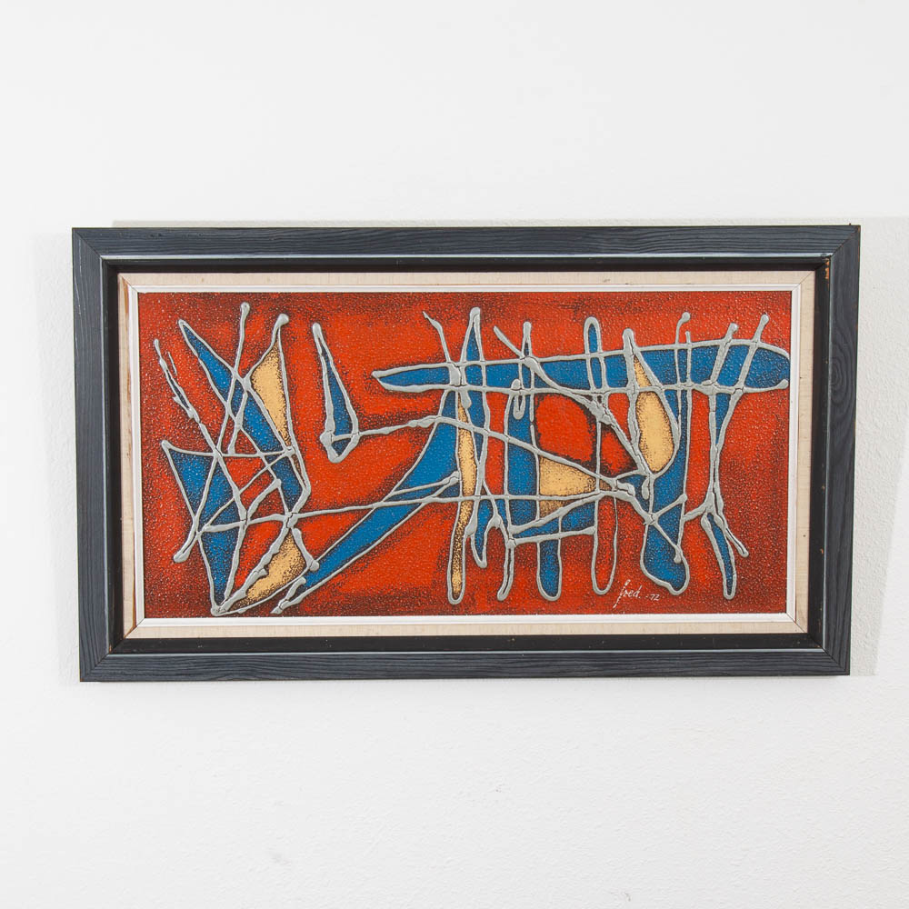 Mid Century Modern Danish Original Abstracted Oil Painting Red Blue Mixed Framed - Image 7