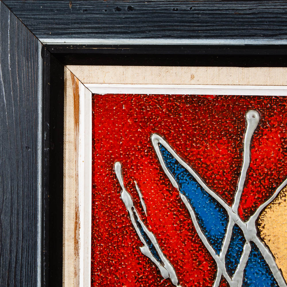 Mid Century Modern Danish Original Abstracted Oil Painting Red Blue Mixed Framed - Image 5