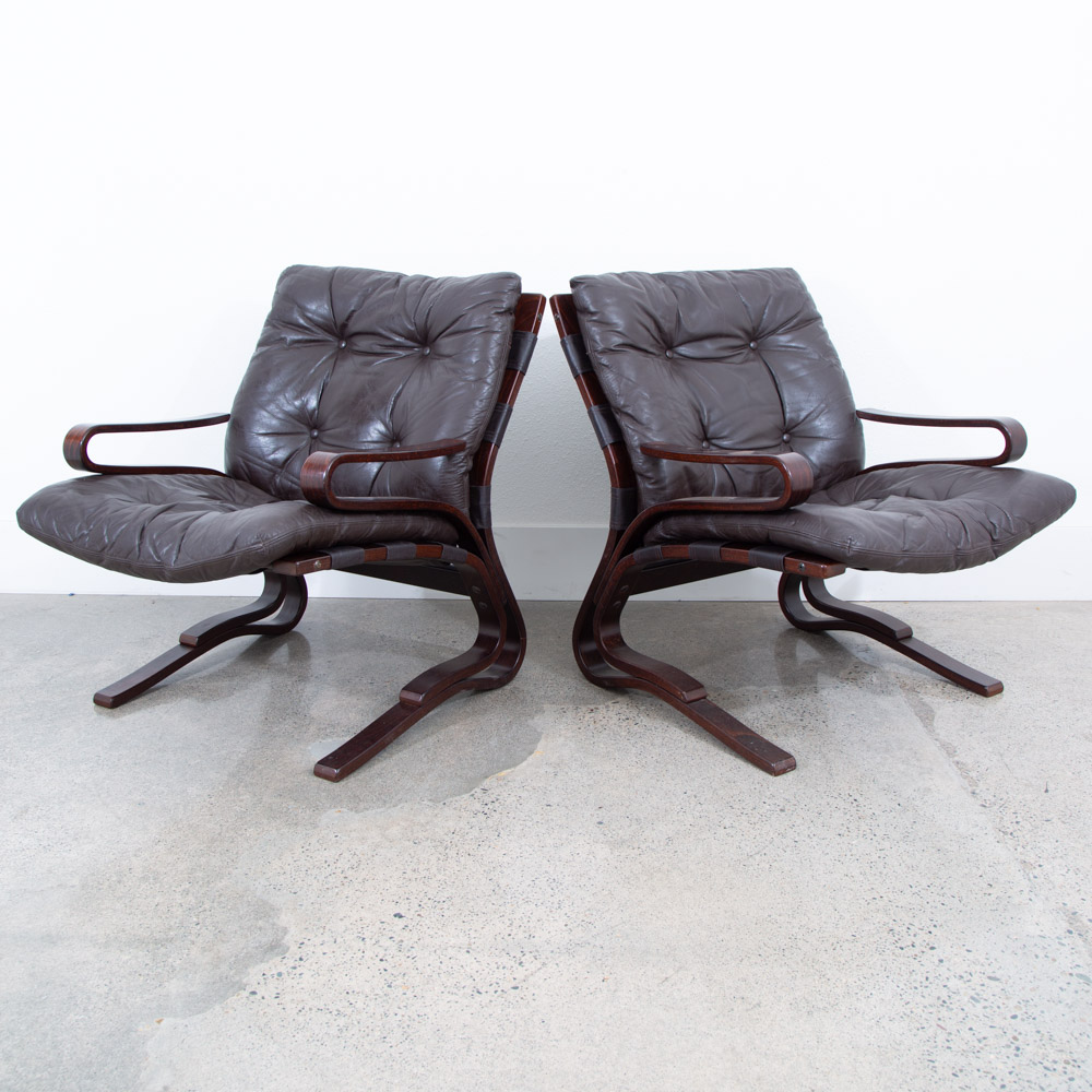 Mid Century Danish Modern Lounge Chairs Brown Leather Bentwood Set Pair Vintage