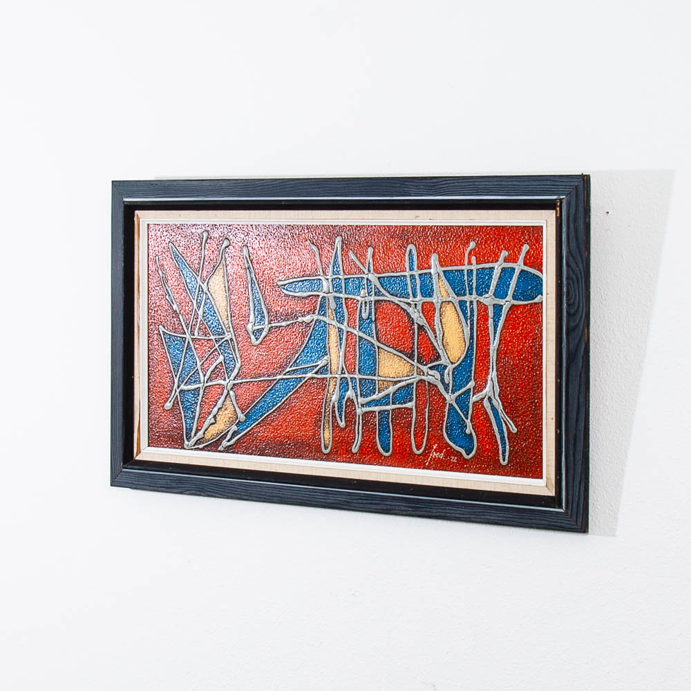 Mid Century Modern Danish Original Abstracted Oil Painting Red Blue Mixed Framed - Image 6