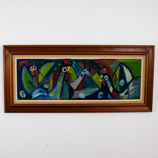 Mid Century Modern Art Original Abstract Chicken Hens Painting Framed Green Mcm