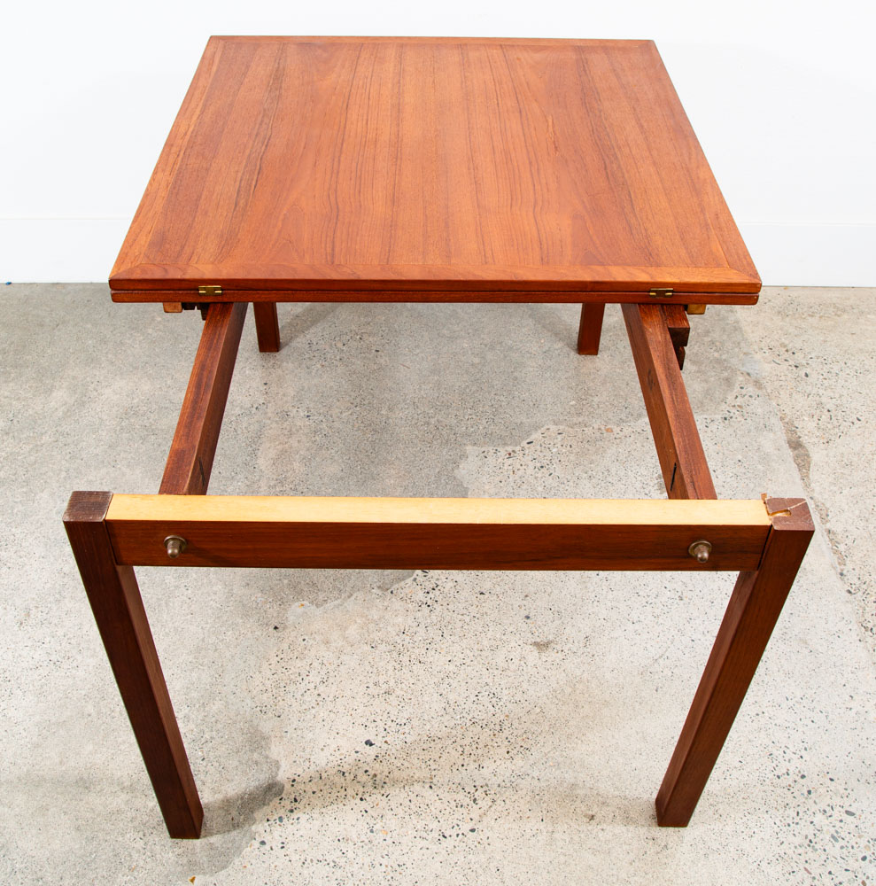 Mid Century Denmark Modern Dining Table Flip Top Teak Draw Frame Extension Brass - Image 5