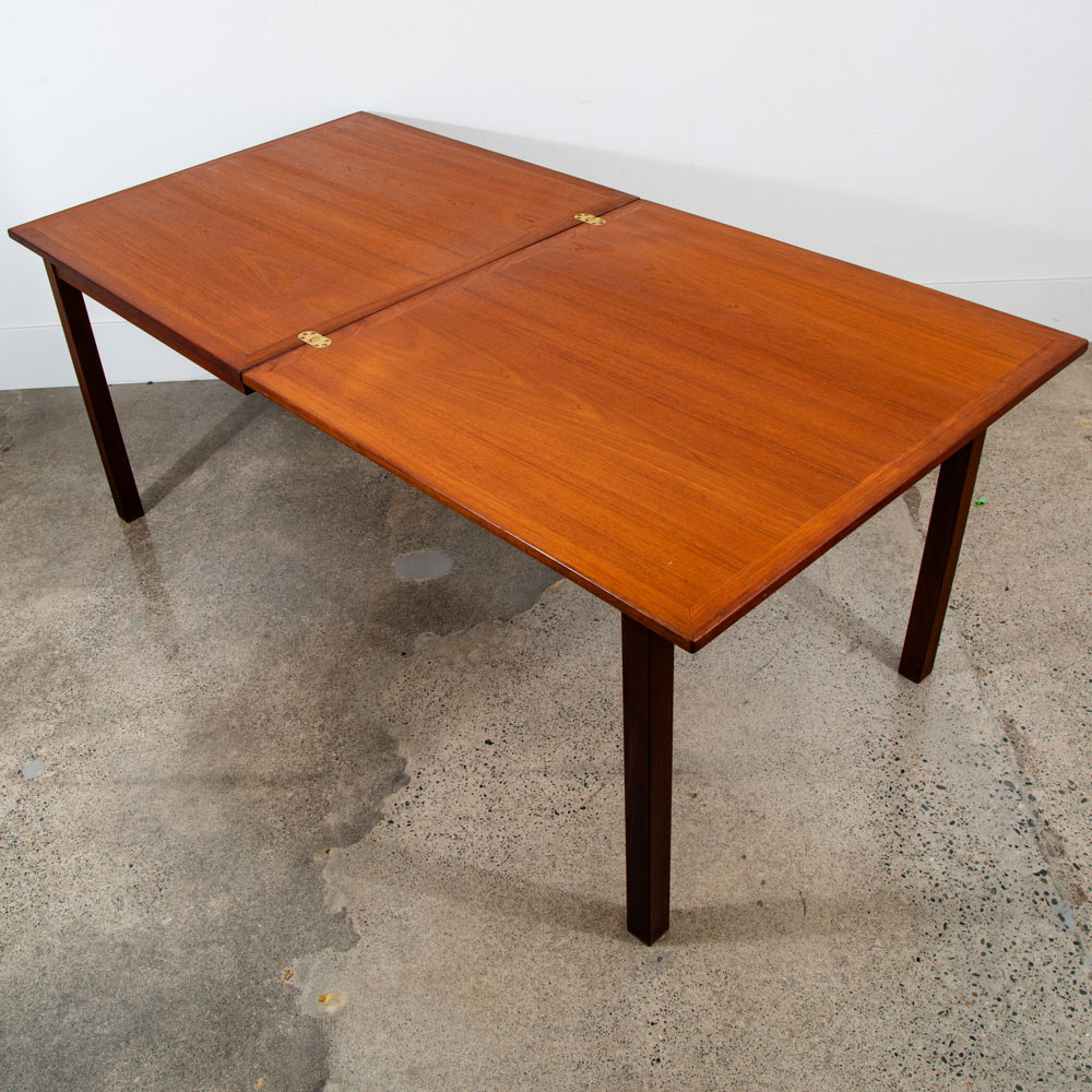 Mid Century Denmark Modern Dining Table Flip Top Teak Draw Frame Extension Brass - Image 3