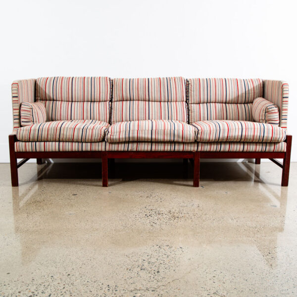 Mid Century Danish Modern Sofa Couch Highback 3 Seat Denmark White Blue Red Wood - Image 7