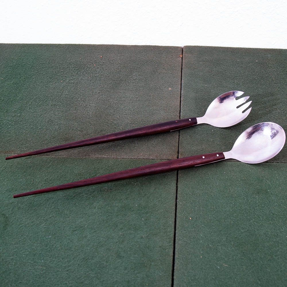 Mid Century Danish Modern Serving Utensils Pair Rosewood Steel Spoon Fork Two NM