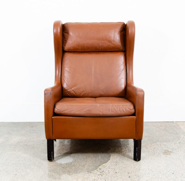 Mid Century Danish Modern Lounge Chair Wingback Brown Leather High Back Seat Mcm - Image 2