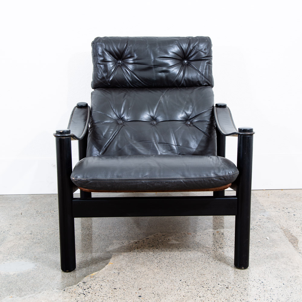 Mid Century Danish Modern Lounge Chair Black Leather Armchair Soren Nissen 70s - Image 5