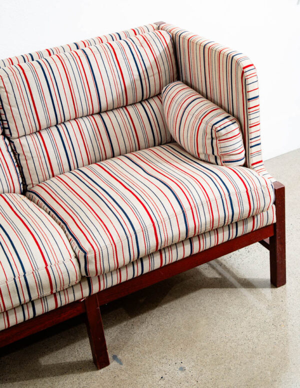 Mid Century Danish Modern Sofa Couch Highback 3 Seat Denmark White Blue Red Wood - Image 11