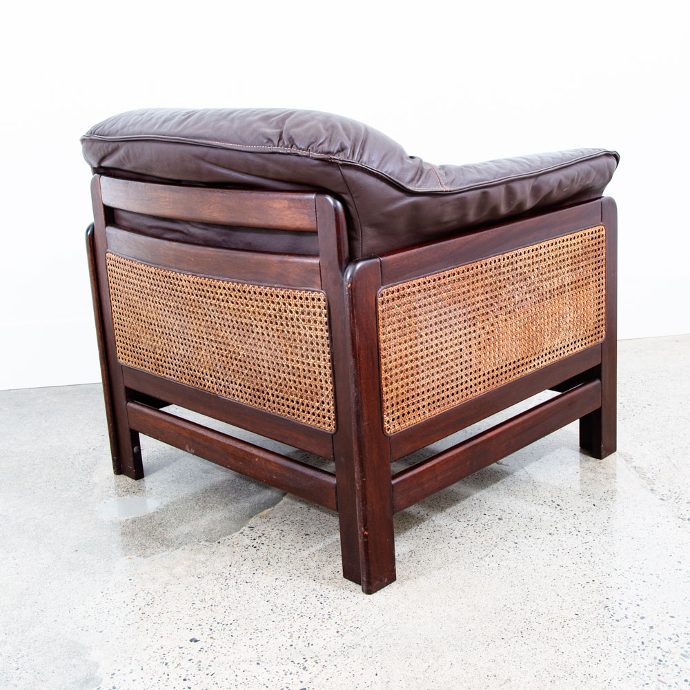 Mid Century Danish Modern Lounge Chairs Armchairs Set Cane Brown Leather Denmark - Image 4