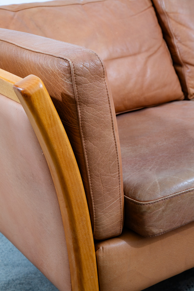Mid Century Danish Modern Sofa Couch 3 Seater Stouby Leather Tan Denmark 80 in - Image 12
