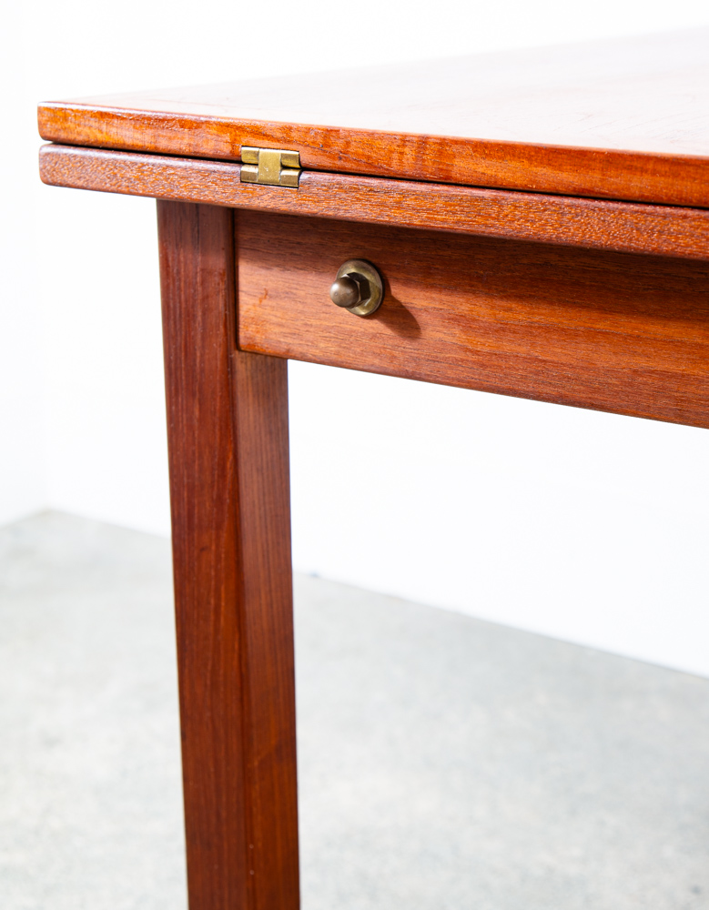 Mid Century Denmark Modern Dining Table Flip Top Teak Draw Frame Extension Brass - Image 8