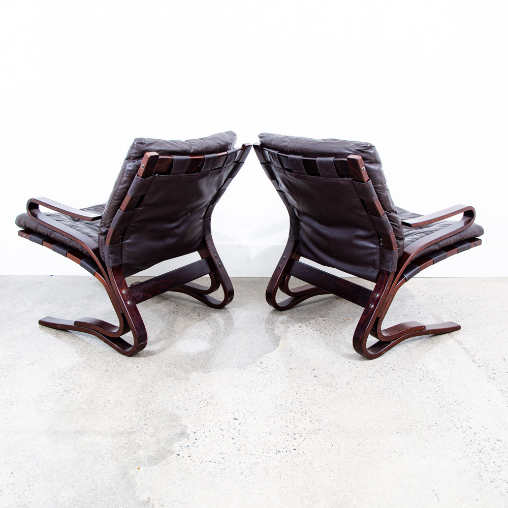 Mid Century Danish Modern Lounge Chairs Brown Leather Bentwood Set Pair Vintage - Image 3