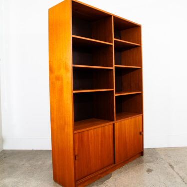 Mid Century Danish Modern Credenza Bookshelf Cabinet Teak Shelves Sliding Doors