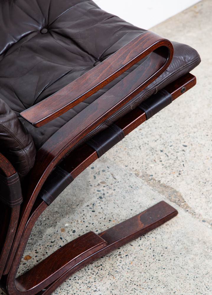 Mid Century Danish Modern Lounge Chairs Brown Leather Bentwood Set Pair Vintage - Image 8