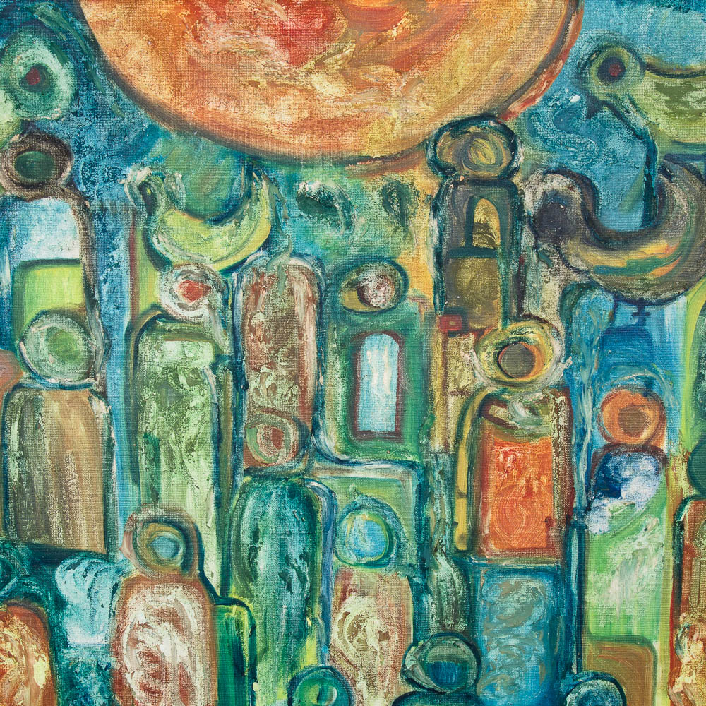Mid Century Modern Original Painting Abstract Figures Blue Orange Oil 43x35 Mcm - Image 6