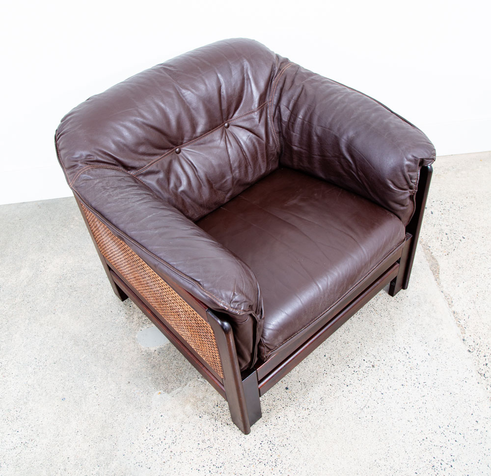 Mid Century Danish Modern Lounge Chairs Armchairs Set Cane Brown Leather Denmark - Image 5