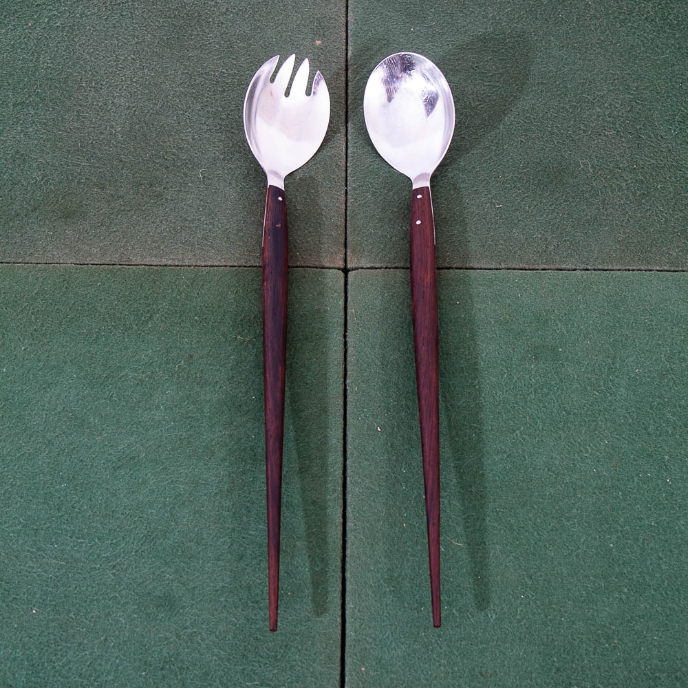 Mid Century Danish Modern Serving Utensils Pair Rosewood Steel Spoon Fork Two NM - Image 2
