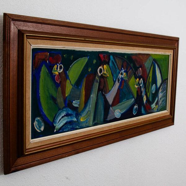 Mid Century Modern Art Original Abstract Chicken Hens Painting Framed Green Mcm - Image 3