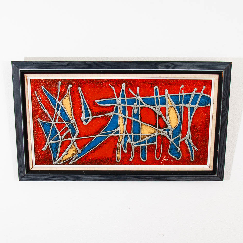 Mid Century Modern Danish Original Abstracted Oil Painting Red Blue Mixed Framed