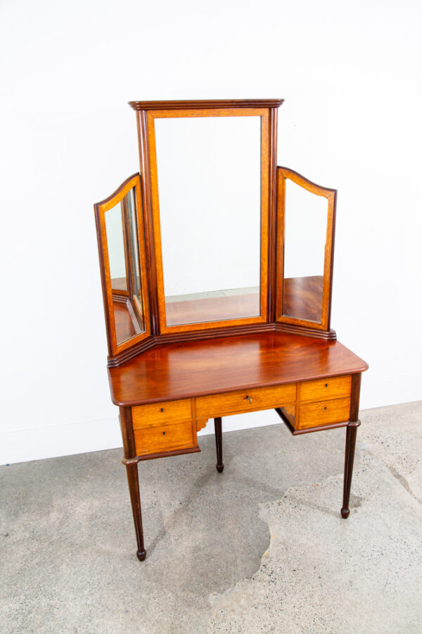 Mid Century Danish Modern Vanity Table Desk Oak Mirror Locking Drawers Vintage - Image 2