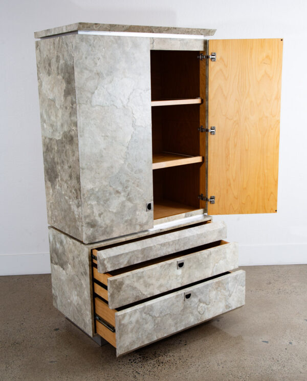 Mid Century Post Modern Dresser Armoire Highboy Stone Marble Metal Frame 1980 - Image 4