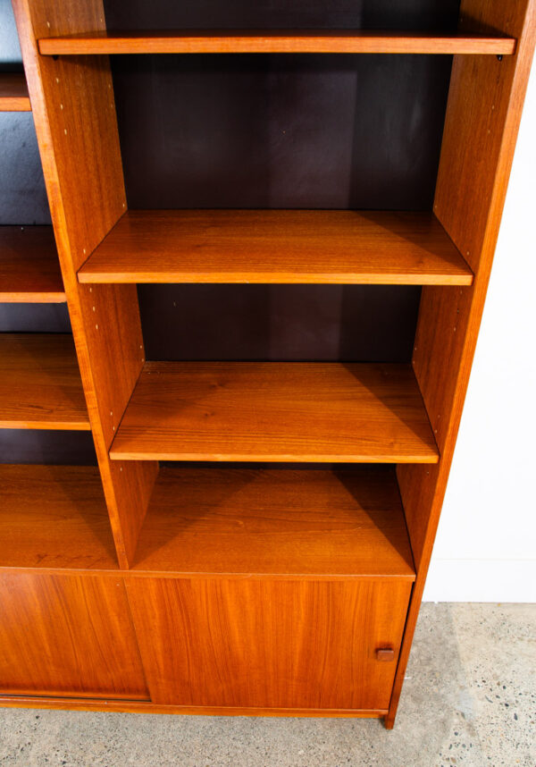 Mid Century Danish Modern Credenza Bookshelf Cabinet Teak Shelves Sliding Doors - Image 10