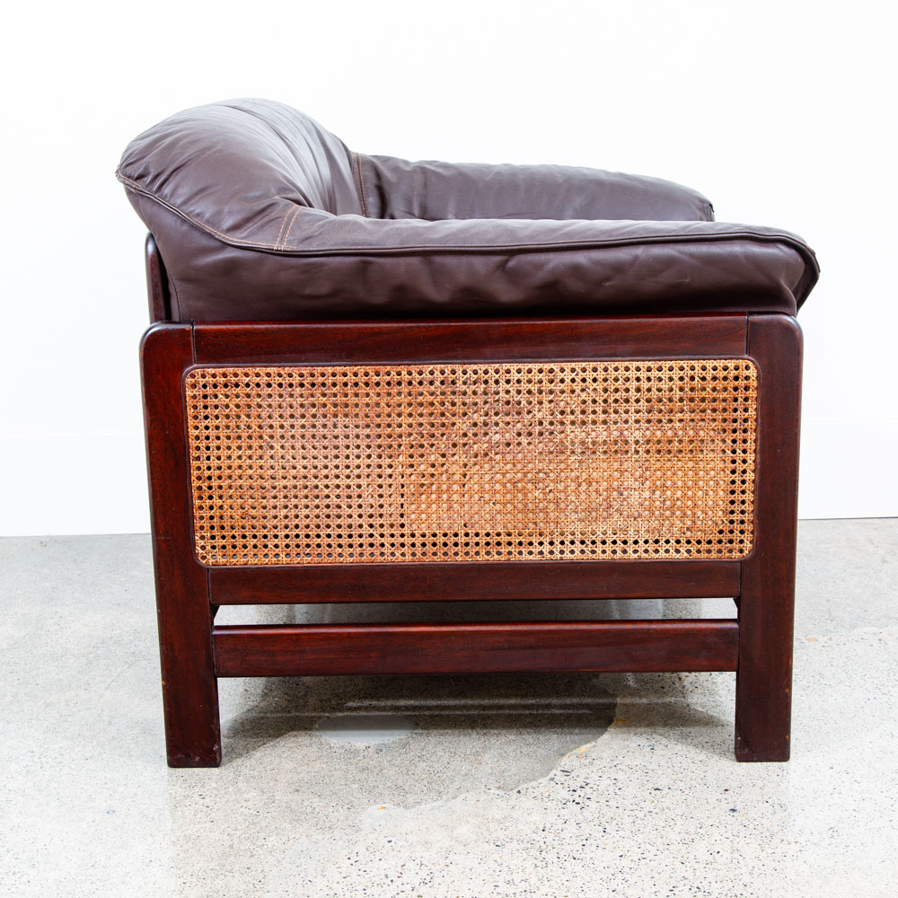 Mid Century Danish Modern Lounge Chairs Armchairs Set Cane Brown Leather Denmark - Image 3