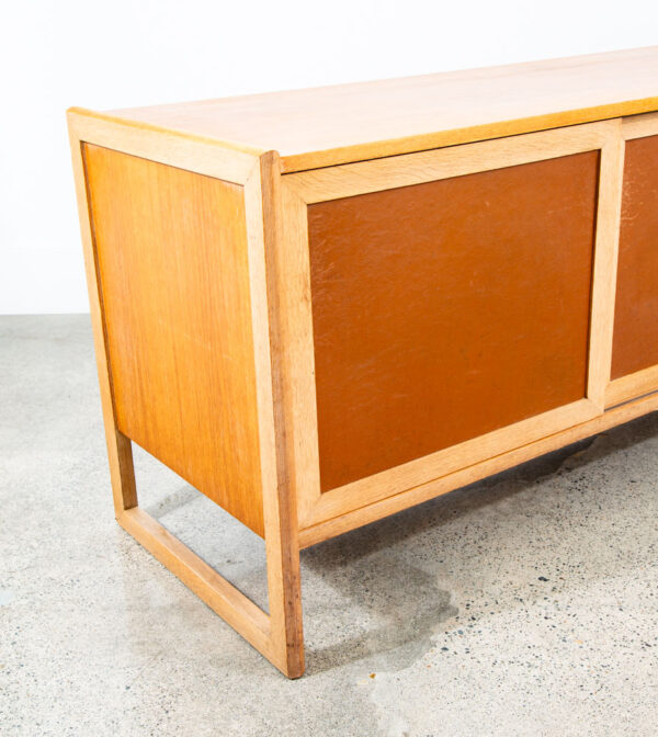 Mid Century Danish Modern Credenza Sideboard Solid Oak Leather Sliding Doors Mcm - Image 11