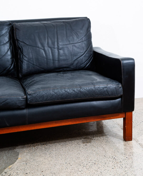 Mid Century Danish Modern Sofa Couch 3 Seater Leather Black Wood Denmark 74 in - Image 7