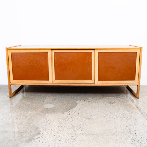 Mid Century Danish Modern Credenza Sideboard Solid Oak Leather Sliding Doors Mcm