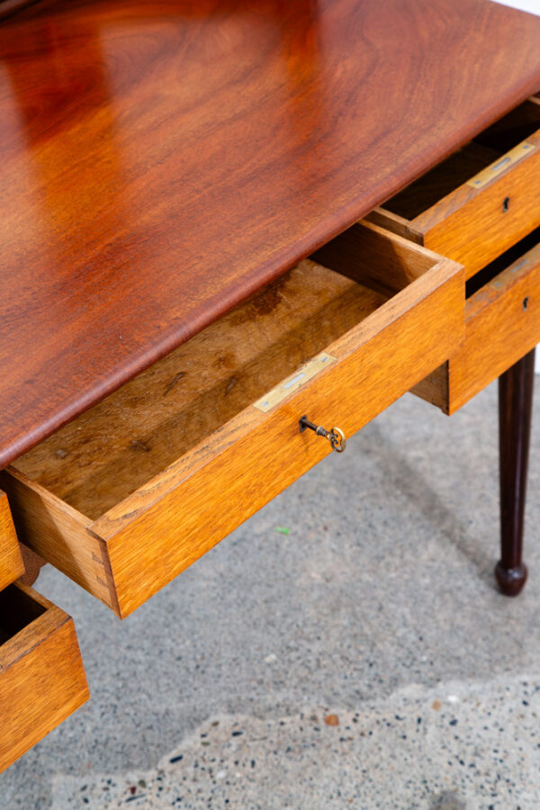Mid Century Danish Modern Vanity Table Desk Oak Mirror Locking Drawers Vintage - Image 11