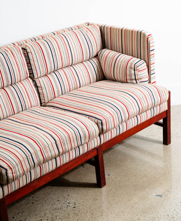 Mid Century Danish Modern Sofa Couch Highback 3 Seat Denmark White Blue Red Wood - Image 8