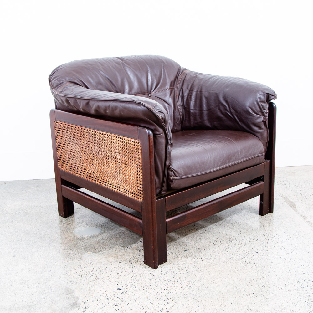 Mid Century Danish Modern Lounge Chairs Armchairs Set Cane Brown Leather Denmark - Image 2