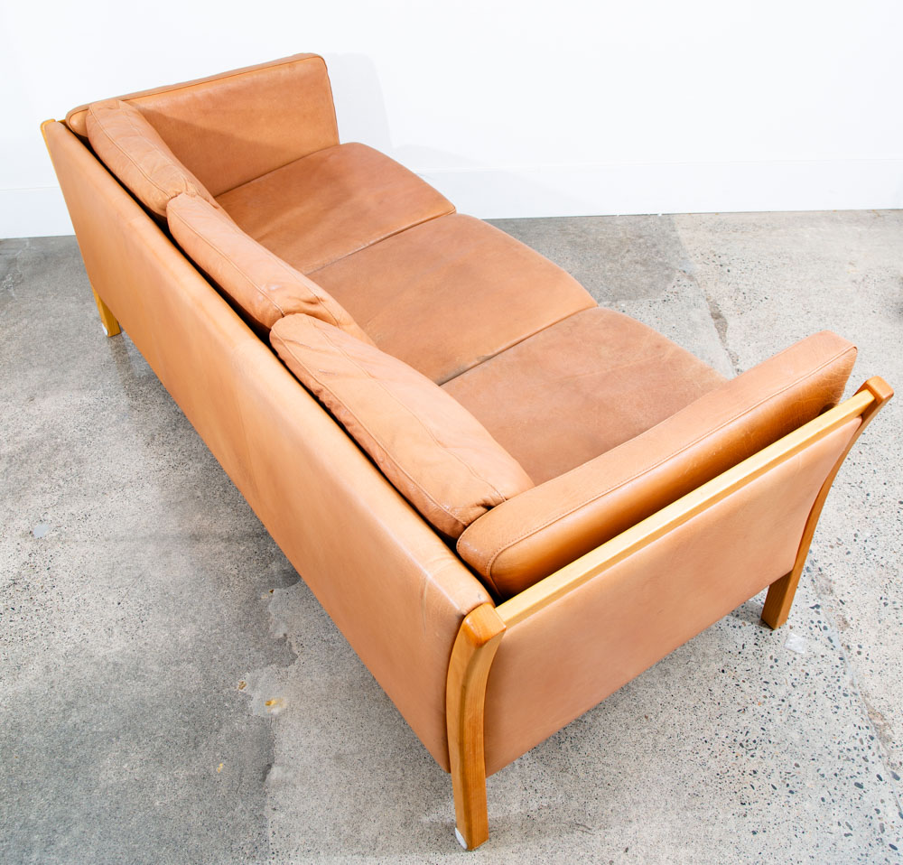 Mid Century Danish Modern Sofa Couch 3 Seater Stouby Leather Tan Denmark 80 in - Image 4