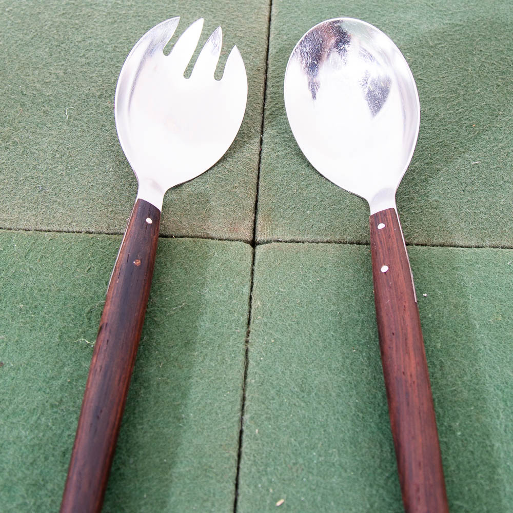 Mid Century Danish Modern Serving Utensils Pair Rosewood Steel Spoon Fork Two NM - Image 4