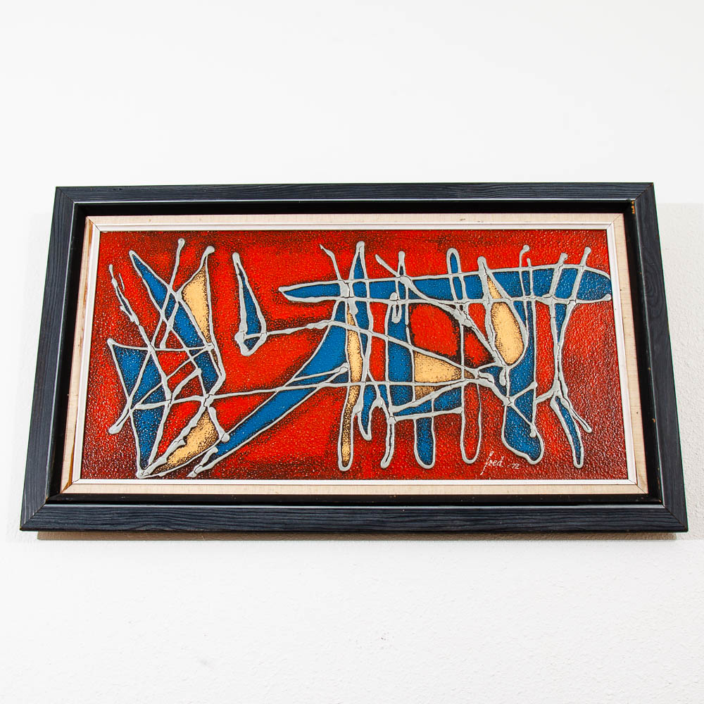 Mid Century Modern Danish Original Abstracted Oil Painting Red Blue Mixed Framed - Image 9