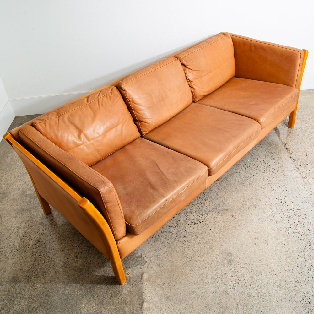 Mid Century Danish Modern Sofa Couch 3 Seater Stouby Leather Tan Denmark 80 in